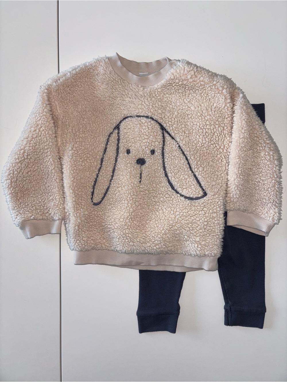 Cozy Cream Sherpa Sweatshirt with Dog Face and Charcoal Grey Leggings